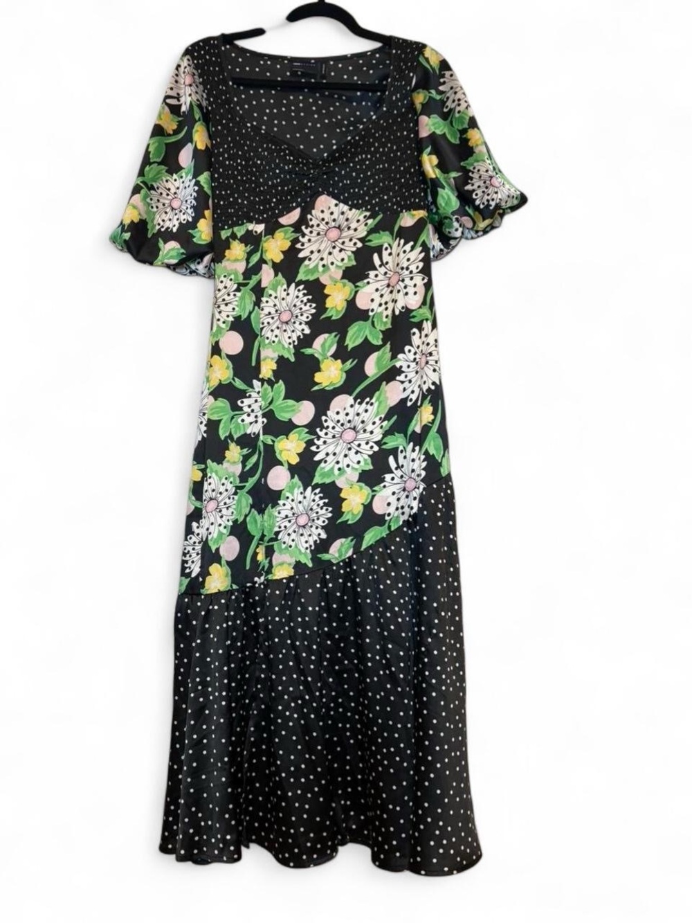 Floral Mix Polka Dot Midi Dress - Black with Green & Pink
